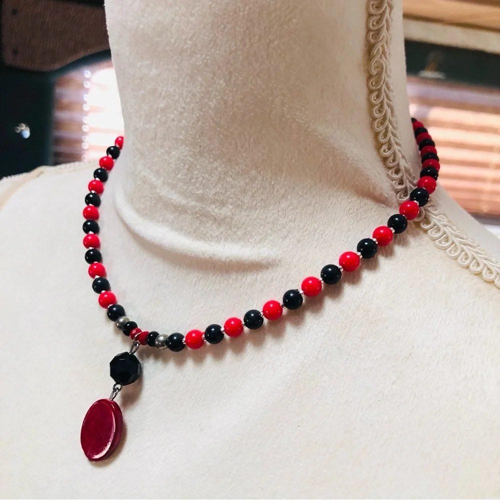 Handcrafted repurpose vintage red and black drop pendant beaded necklace